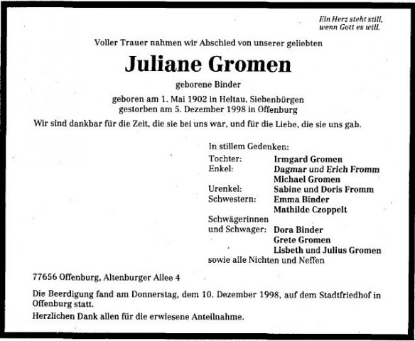 Binder Juliane 1902-1998 Todesanzeige